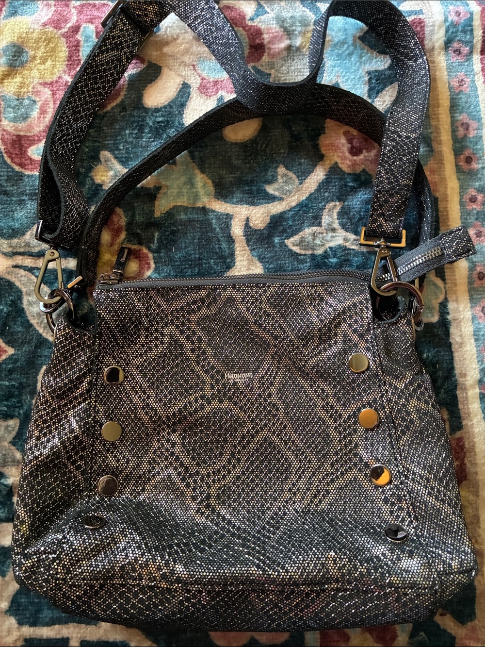 Hammitt Tony Medium Crossbody in Metallic Gunmetal/Glitter Textured Leather Rare